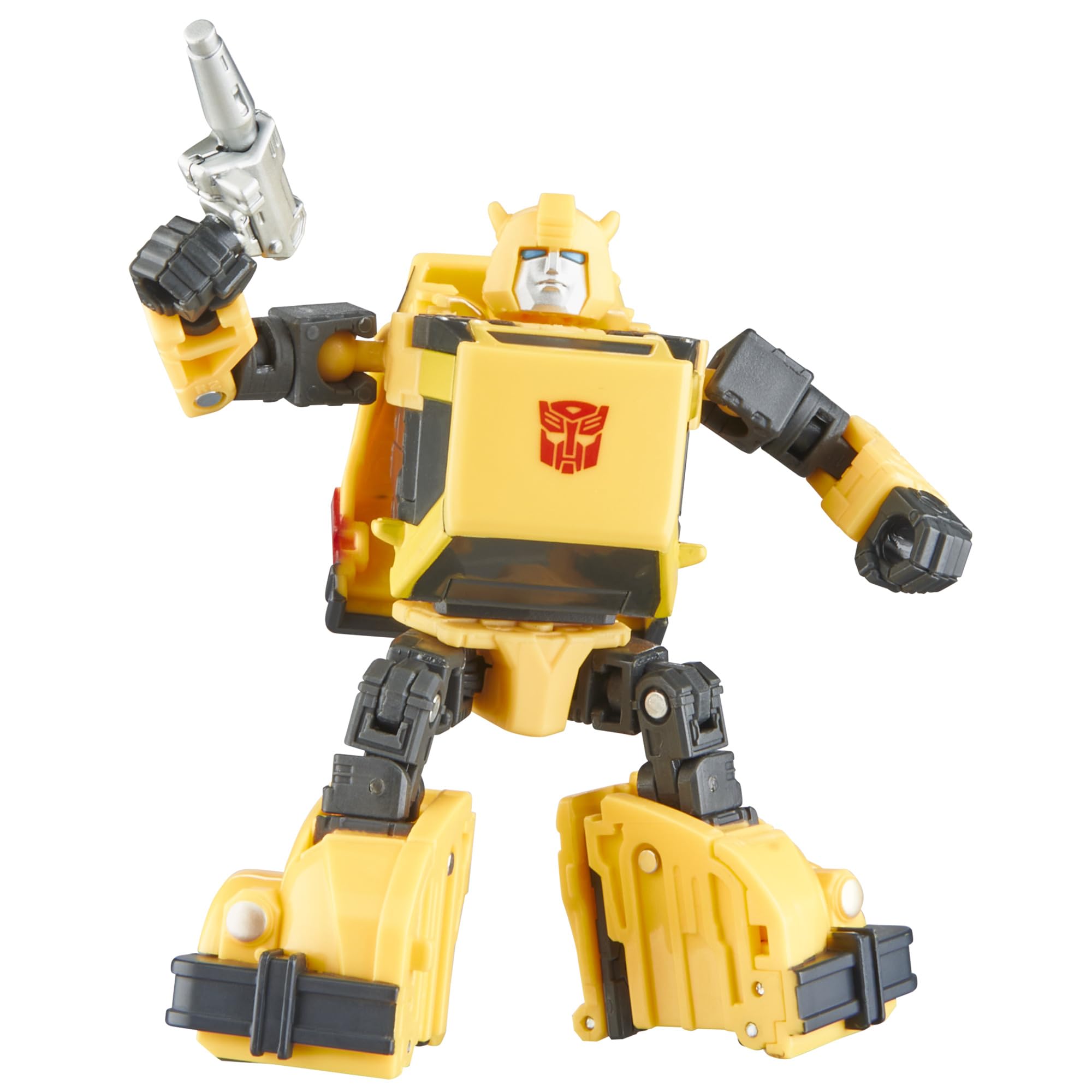 Transformers Bumblebee Studio Series Deluxe robot mode with movie-inspired deco for display.