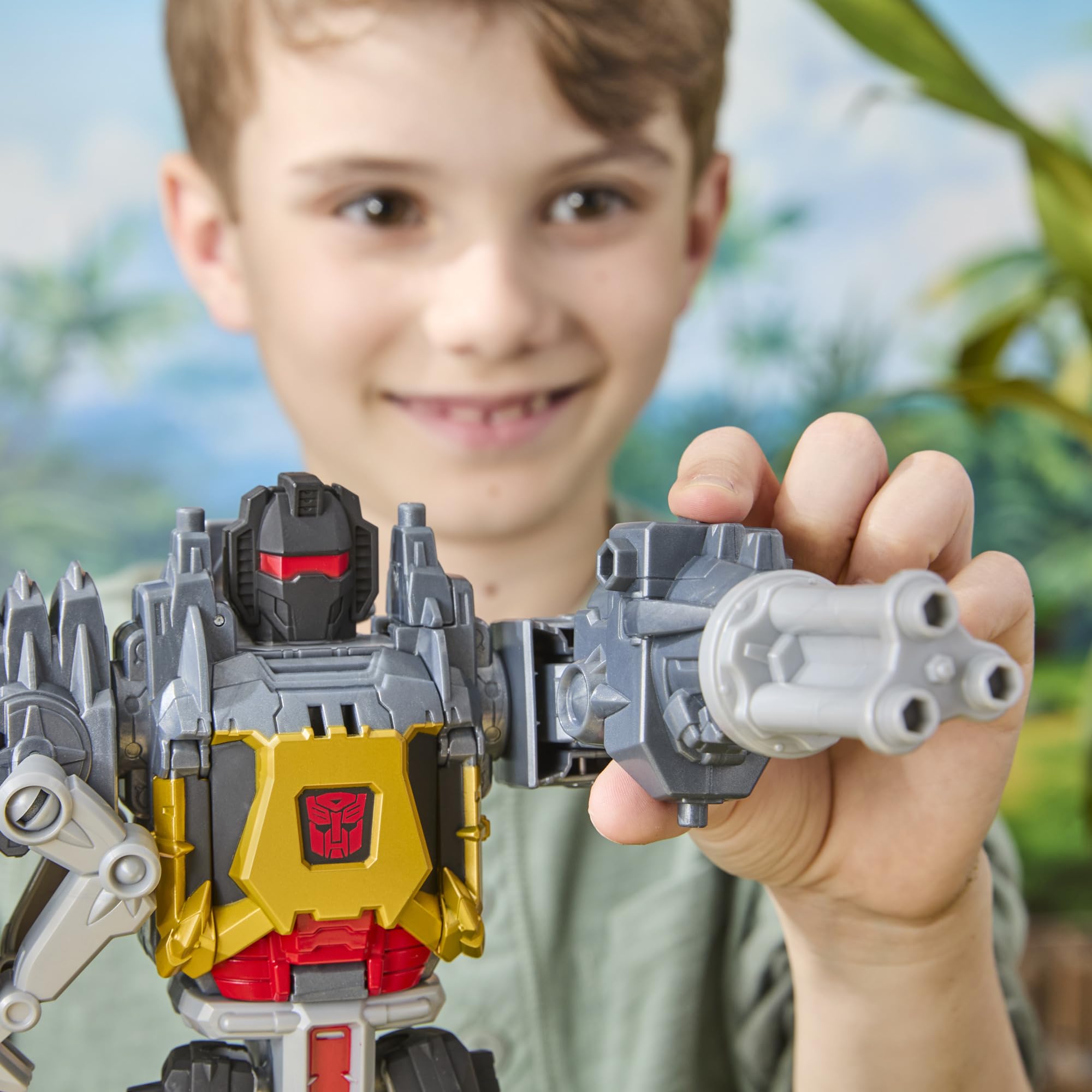 Grimlock dino mode with chomping head and spinning tail for action.