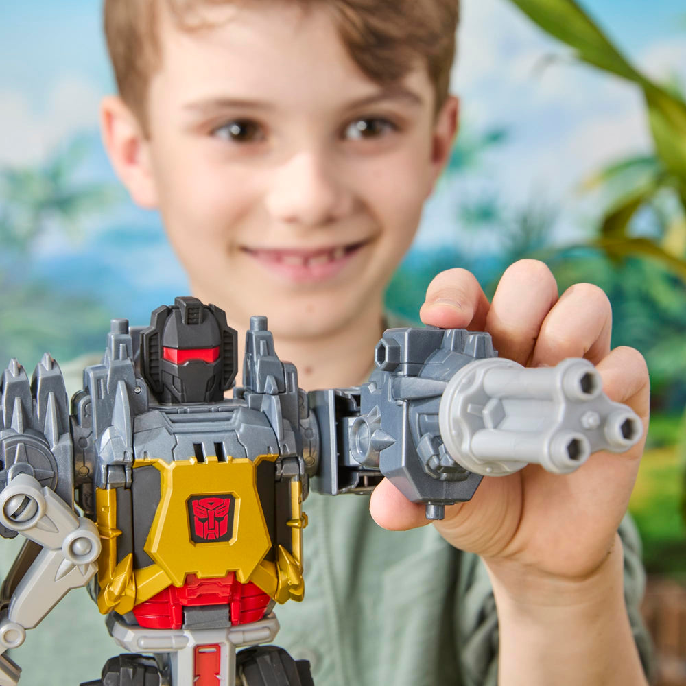 Grimlock dino mode with chomping head and spinning tail for action.
