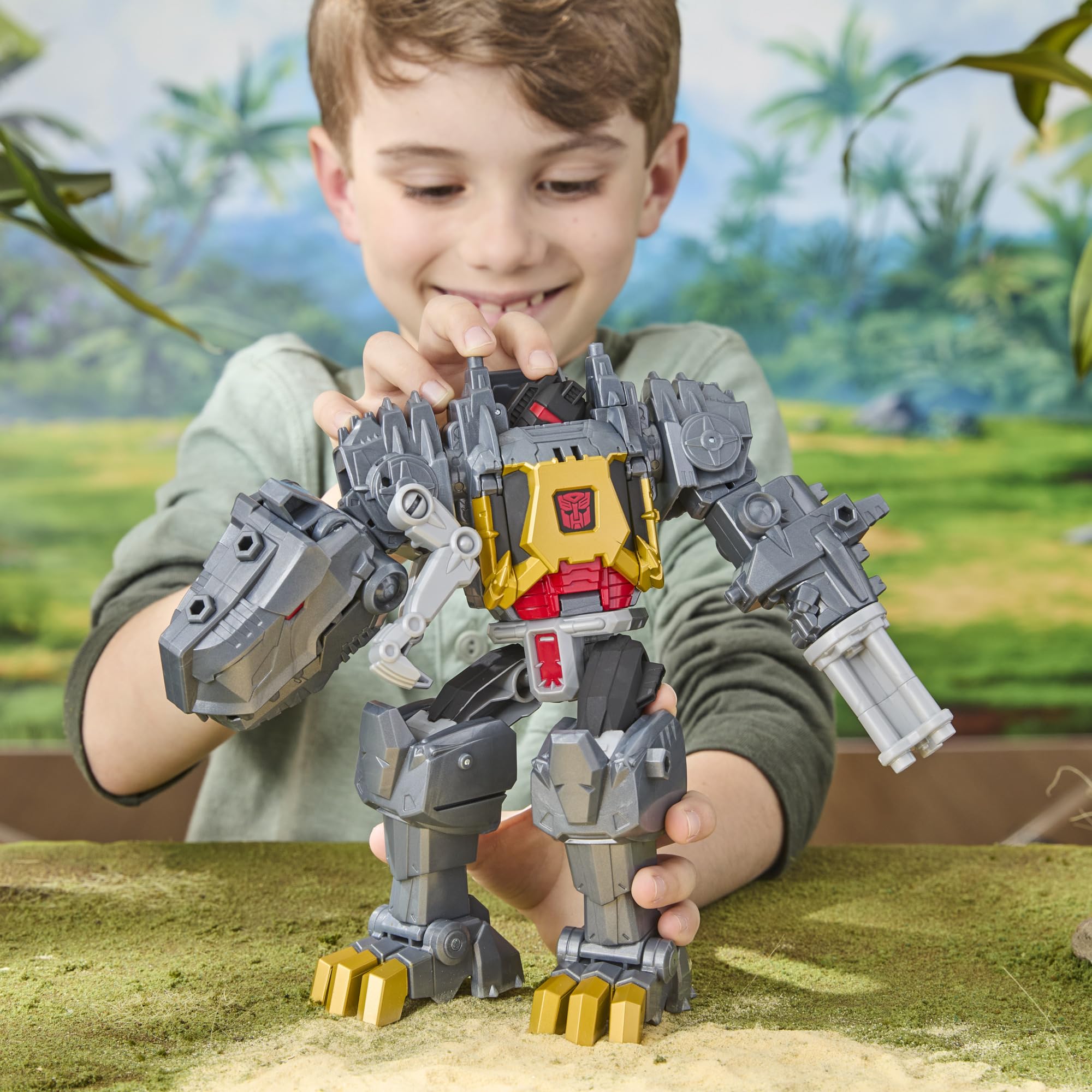 Grimlock mech suit fits Cyber Changers figures for versatile play.