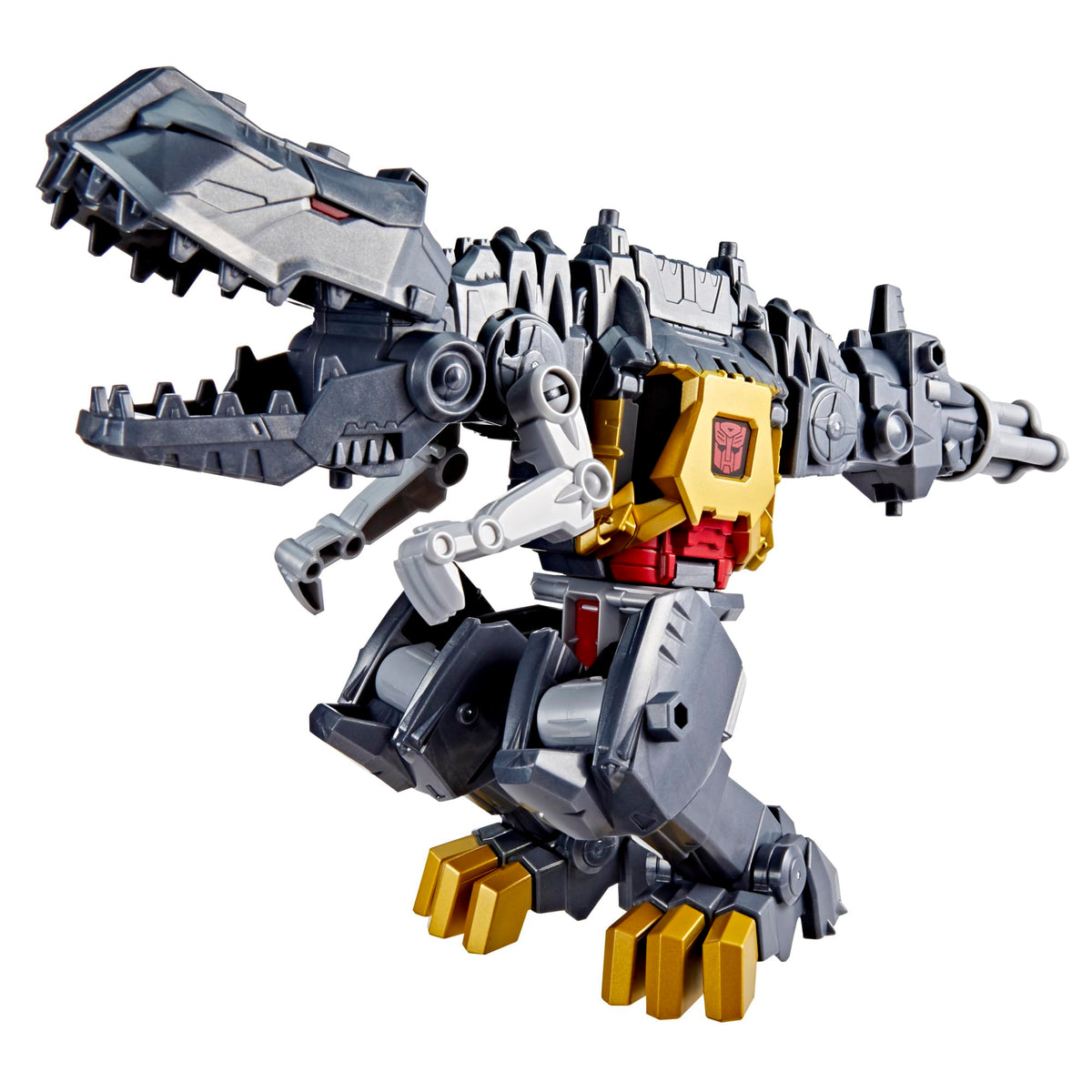 Transformers Grimlock robot mode with spinning blaster arm for dynamic play.