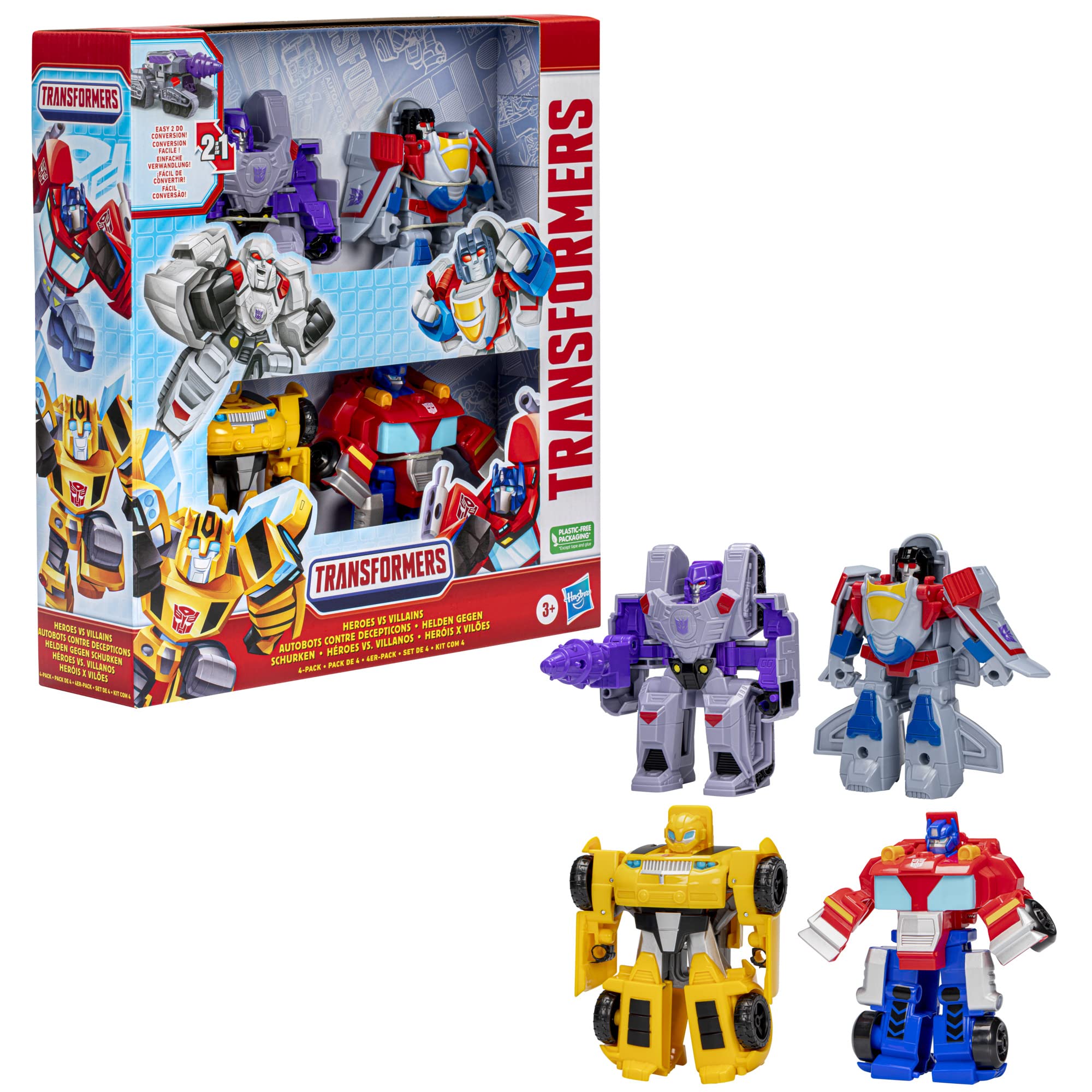 Transformers Heroes vs Villains 4-pack box image highlighting Autobots and Decepticons set
