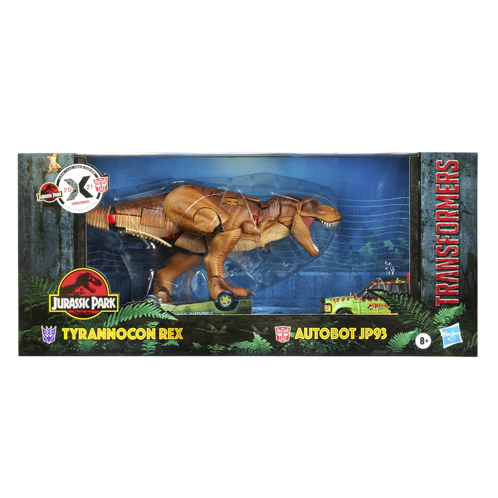 Transformers Jurassic Park mash-up pack view highlighting two iconic figures.