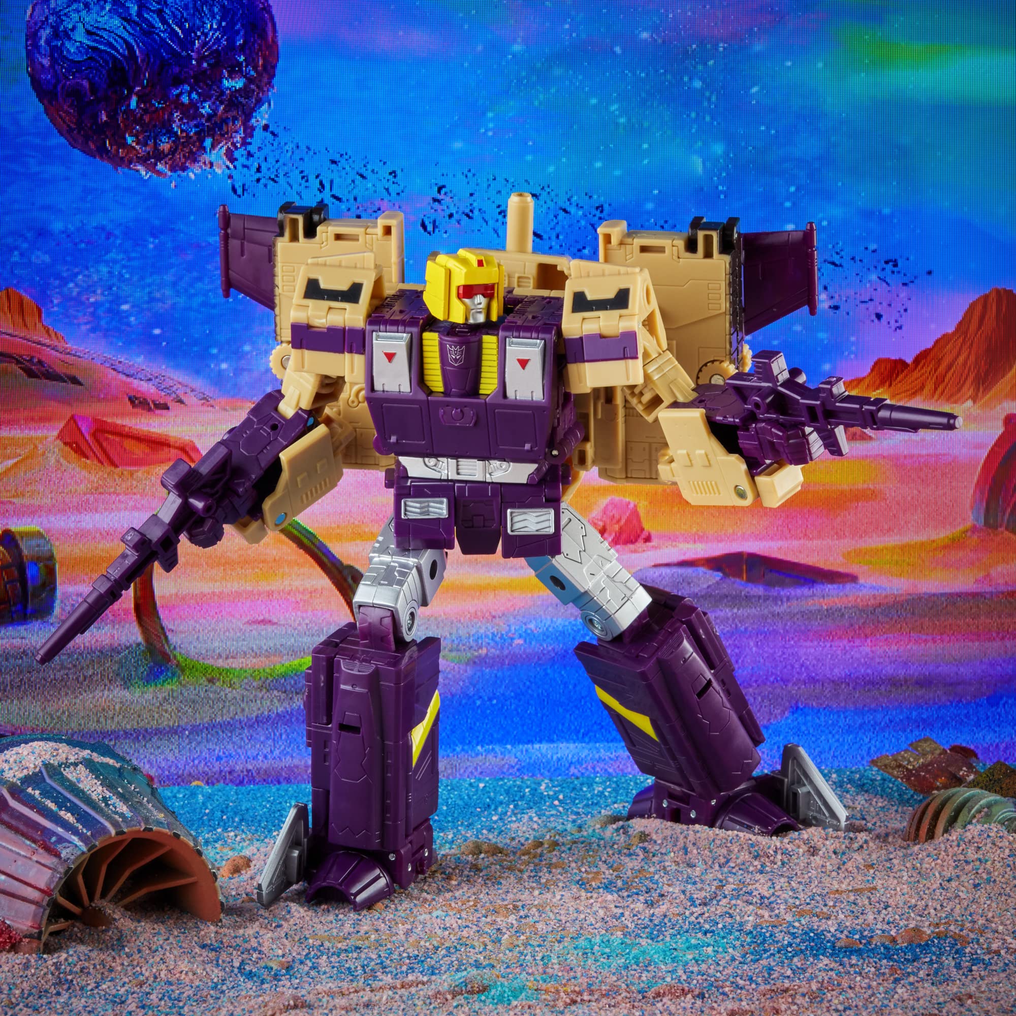 Transformers Legacy Blitzwing jet mode for fast-action play next to figures