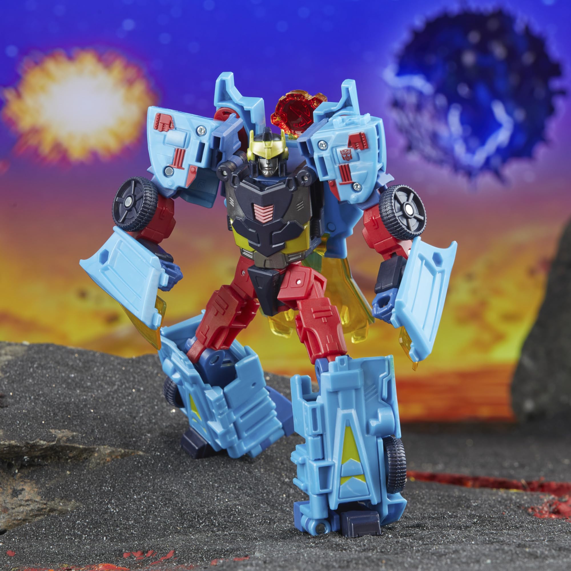 Transformers Legacy Hot Shot deco details mirror Cybertron series inspiration.