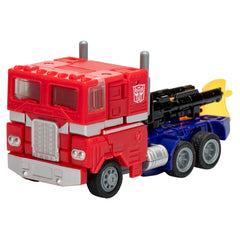Transformers Legacy United Deluxe Optimus Prime truck mode showing authentic G1 design for play and display.