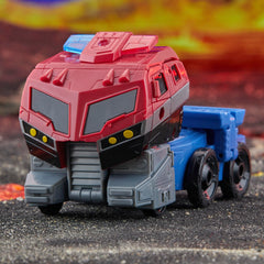 Transformers Legacy United Optimus Prime animated truck mode highlights 25-step conversion.