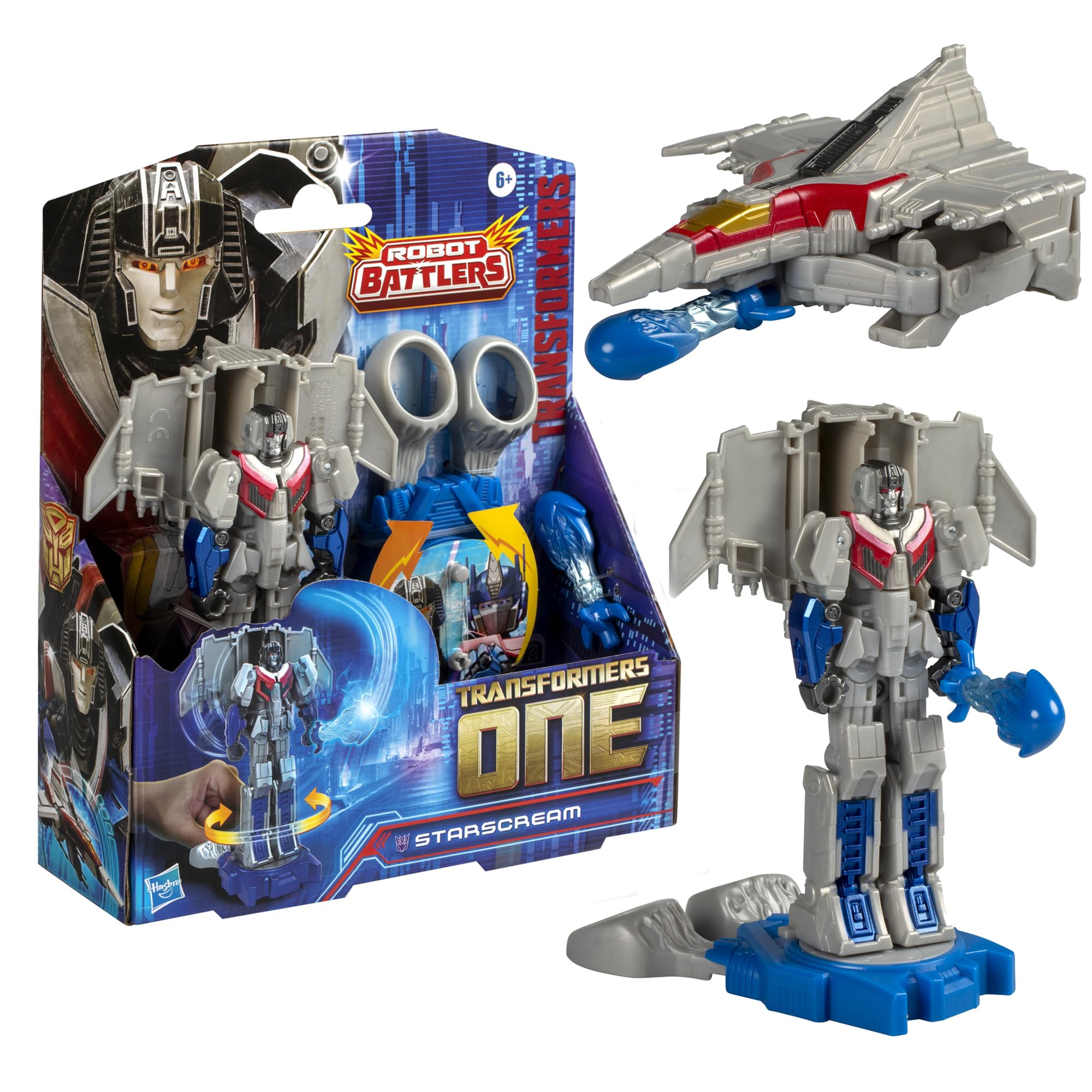 Transformers One Starscream robot figure ready for action on the Battle Base.