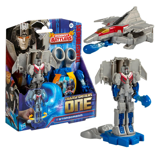 Transformers One Starscream robot figure ready for action on the Battle Base.
