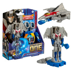 Transformers One Starscream robot figure ready for action on the Battle Base.