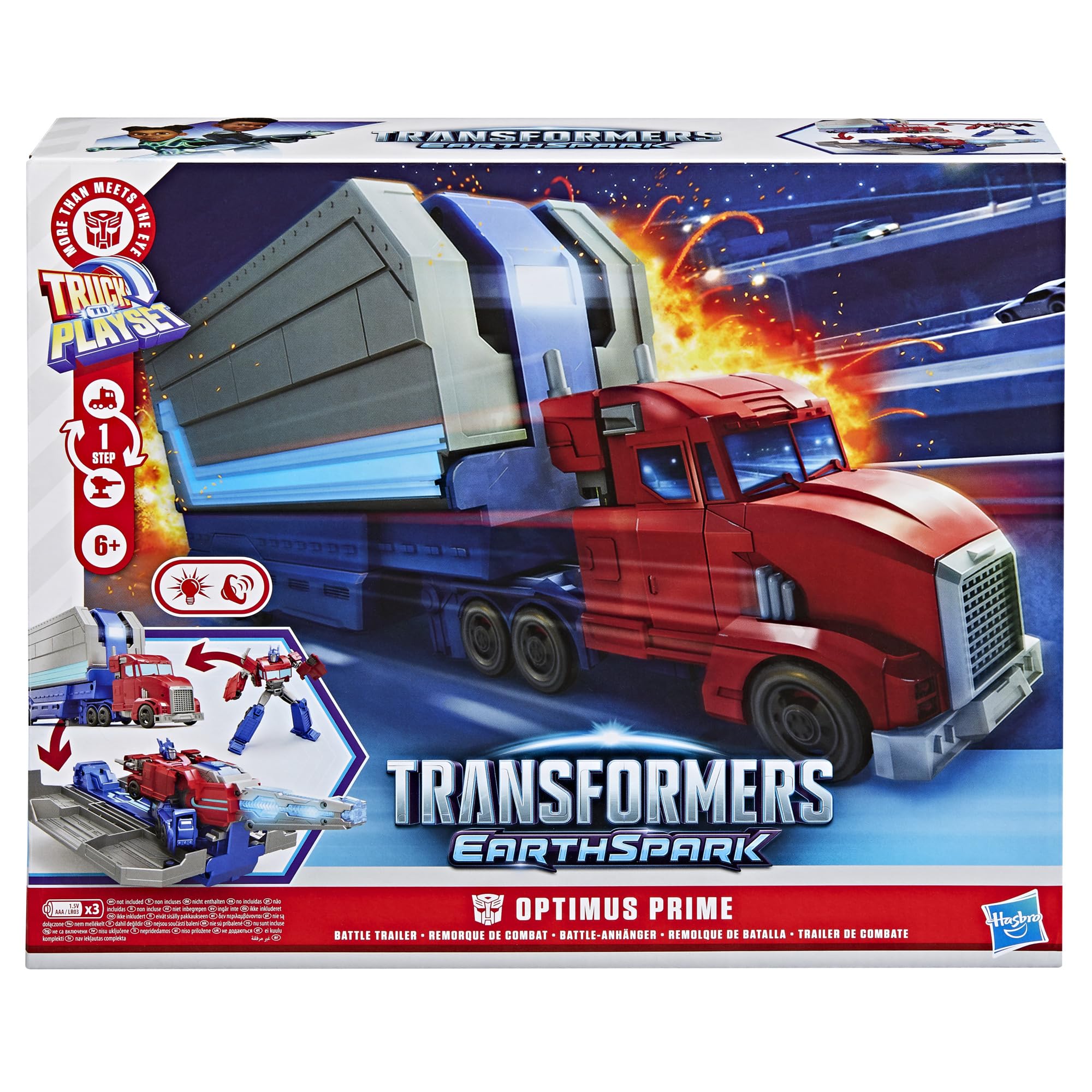 Transformers Optimus Prime battle trailer opens into battle station with engaging sounds.
