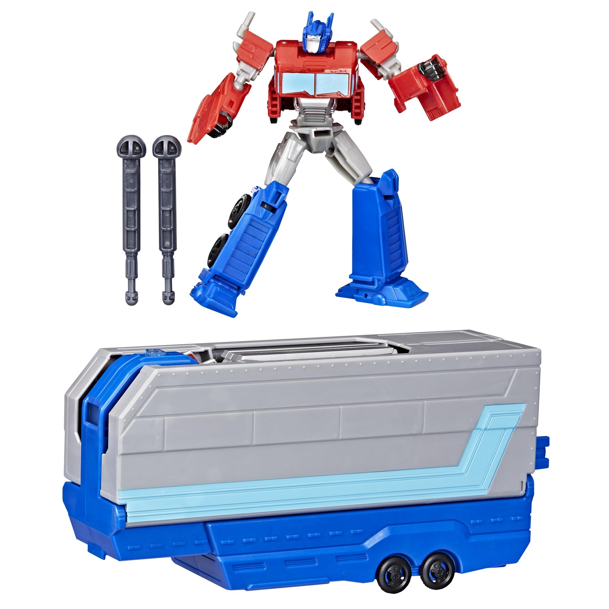 Transformers Optimus Prime battle trailer in trailer mode with lights for action play.
