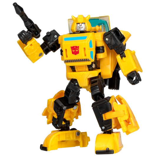 Transformers Origin Bumblebee figure in robot mode with articulated limbs for dynamic poses.