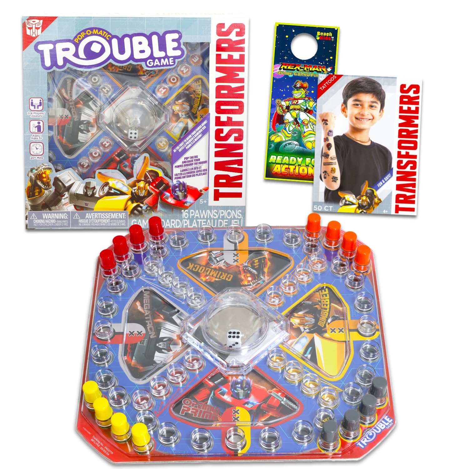 Transformers Pop Up Board Game bundle with dice and tattoos for kids.