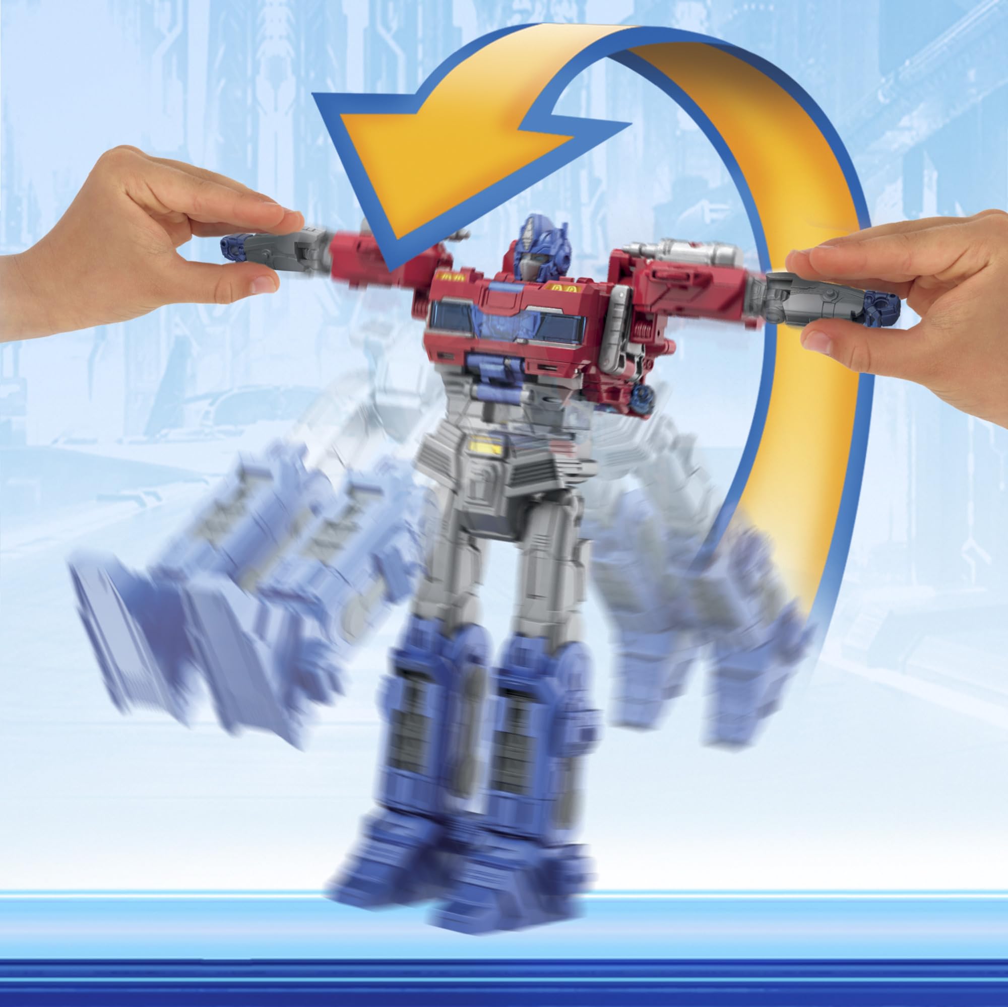 Transformers Power Flip Optimus Prime sword and Energon axe accessories attached.