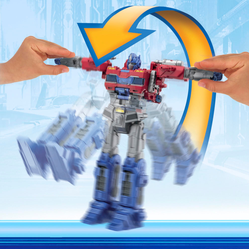 Transformers Power Flip Optimus Prime sword and Energon axe accessories attached.