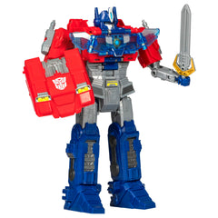 Transformers Power Flip Optimus Prime figure in vehicle mode with engaging lights for dynamic play.