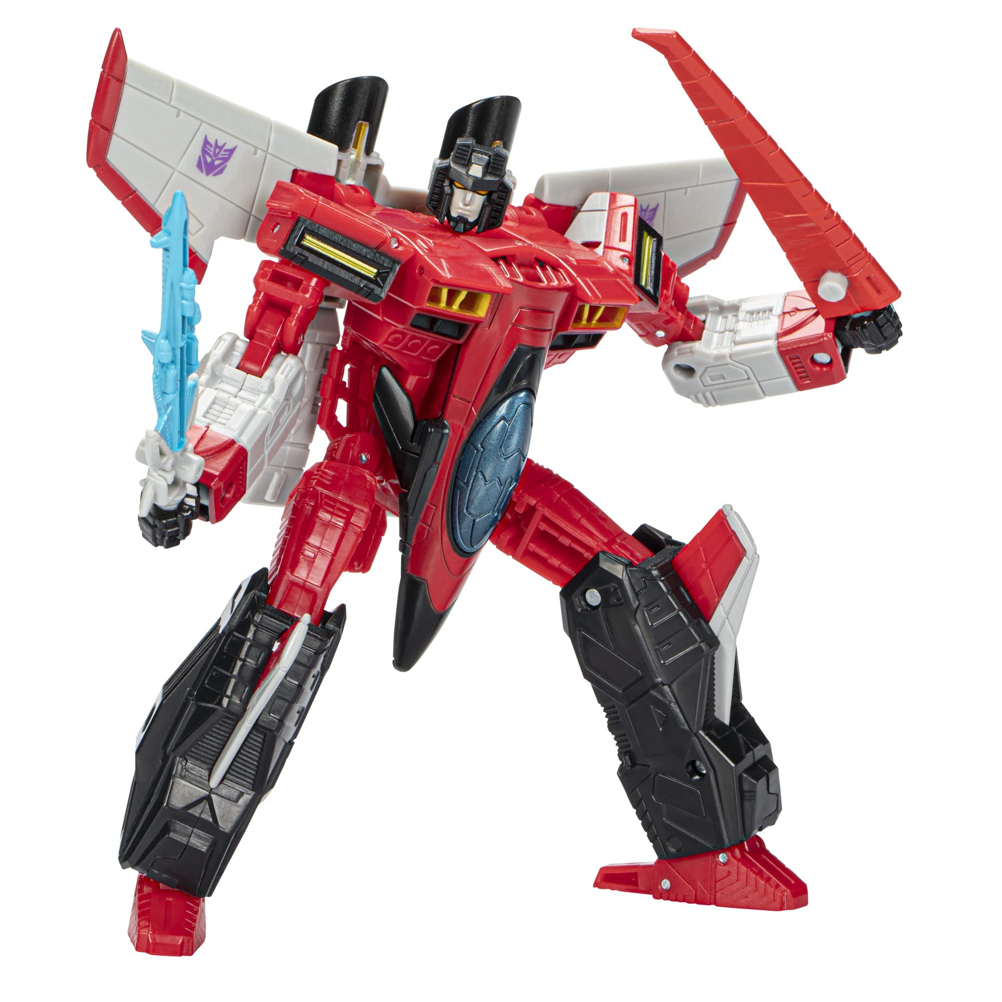 Transformers Starscream jet mode shows 18-step conversion for interactive play.