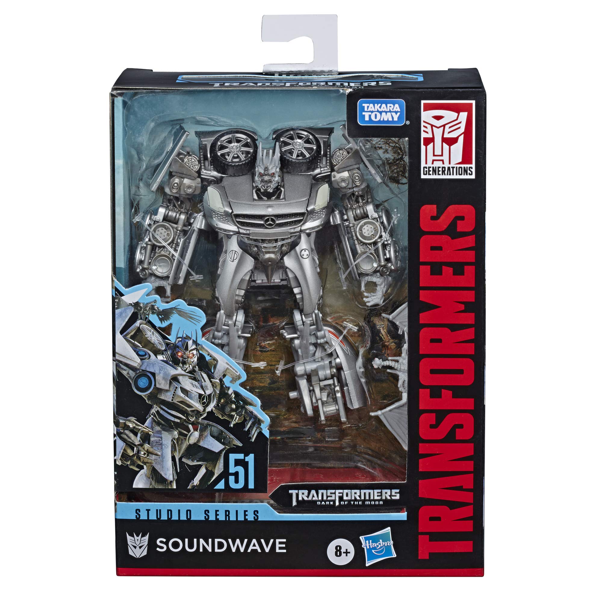 Transformers Studio Series 51 Deluxe Soundwave robot pose with Laserbeak attachment for display