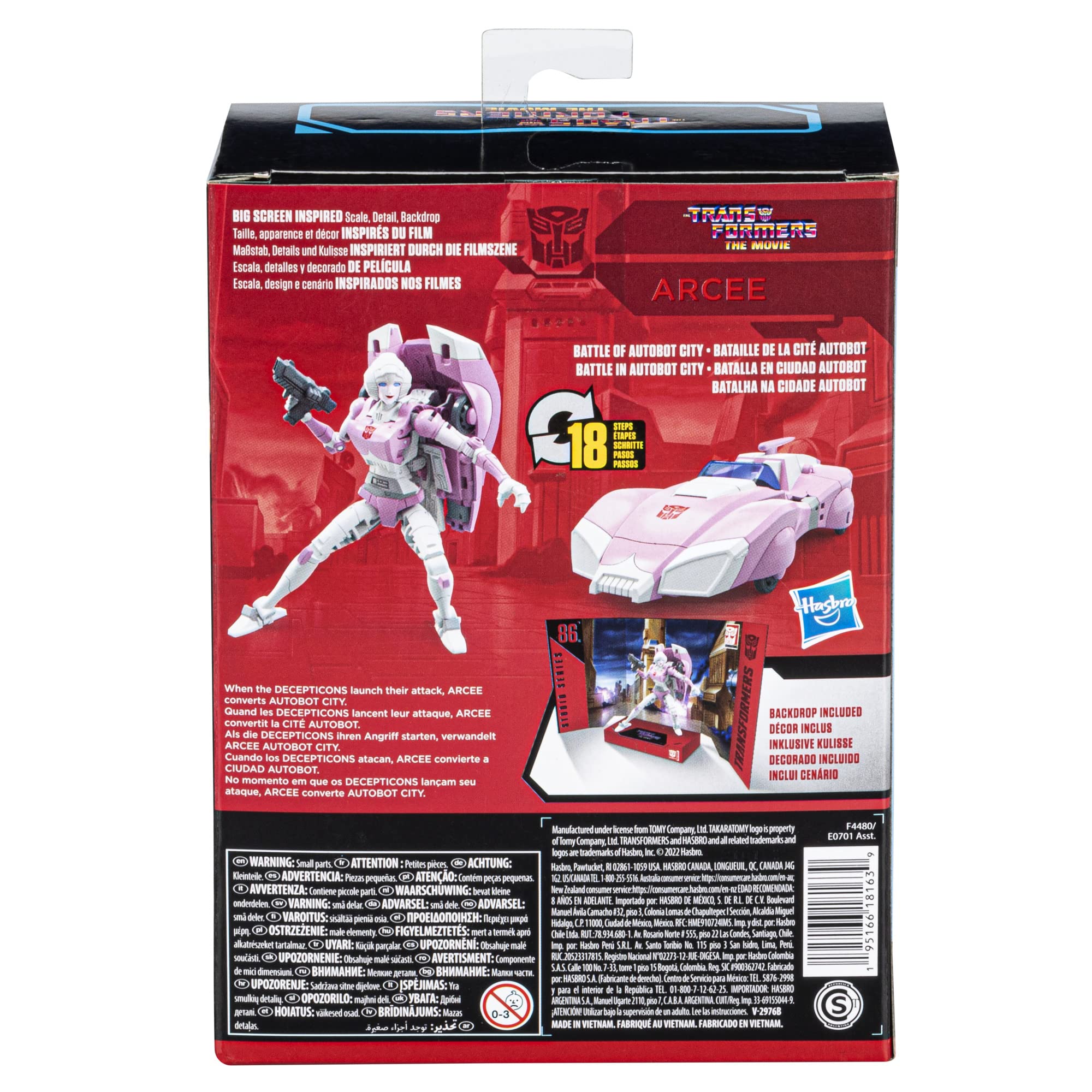Removable backdrop places Transformers Arcee in the Battle of Autobot City scene for display.