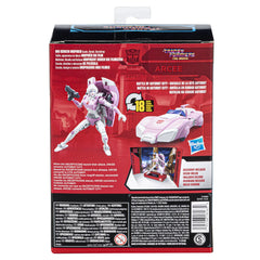 Removable backdrop places Transformers Arcee in the Battle of Autobot City scene for display.