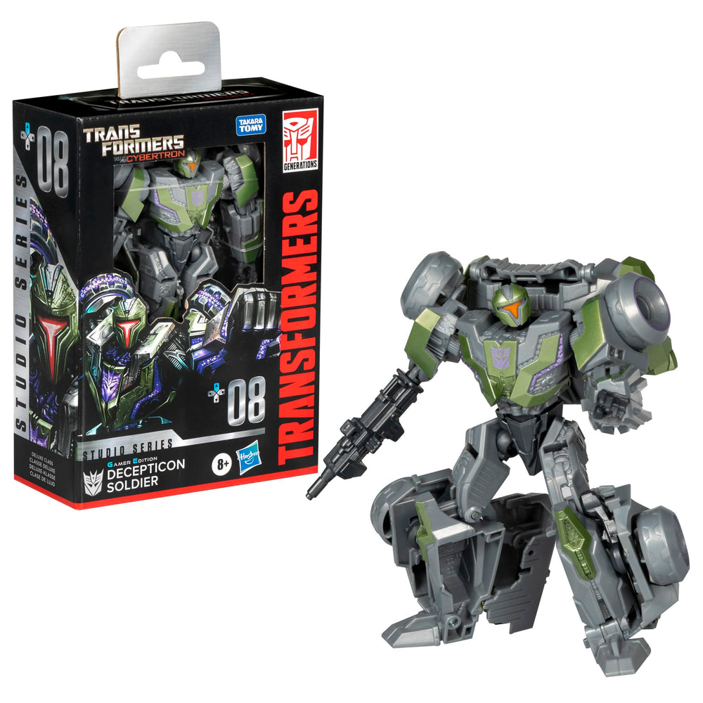 Transformers Studio Series Gamer Edition Decepticon Soldier backdrop scene with Save Zeta Prime for display.