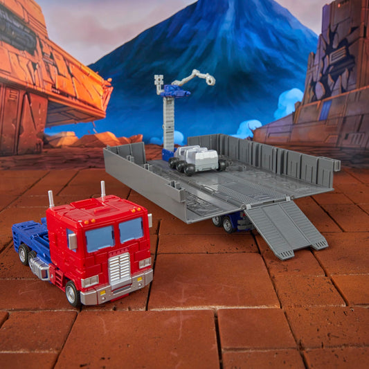 Optimus Prime in semi-trailer mode ready for action display and play