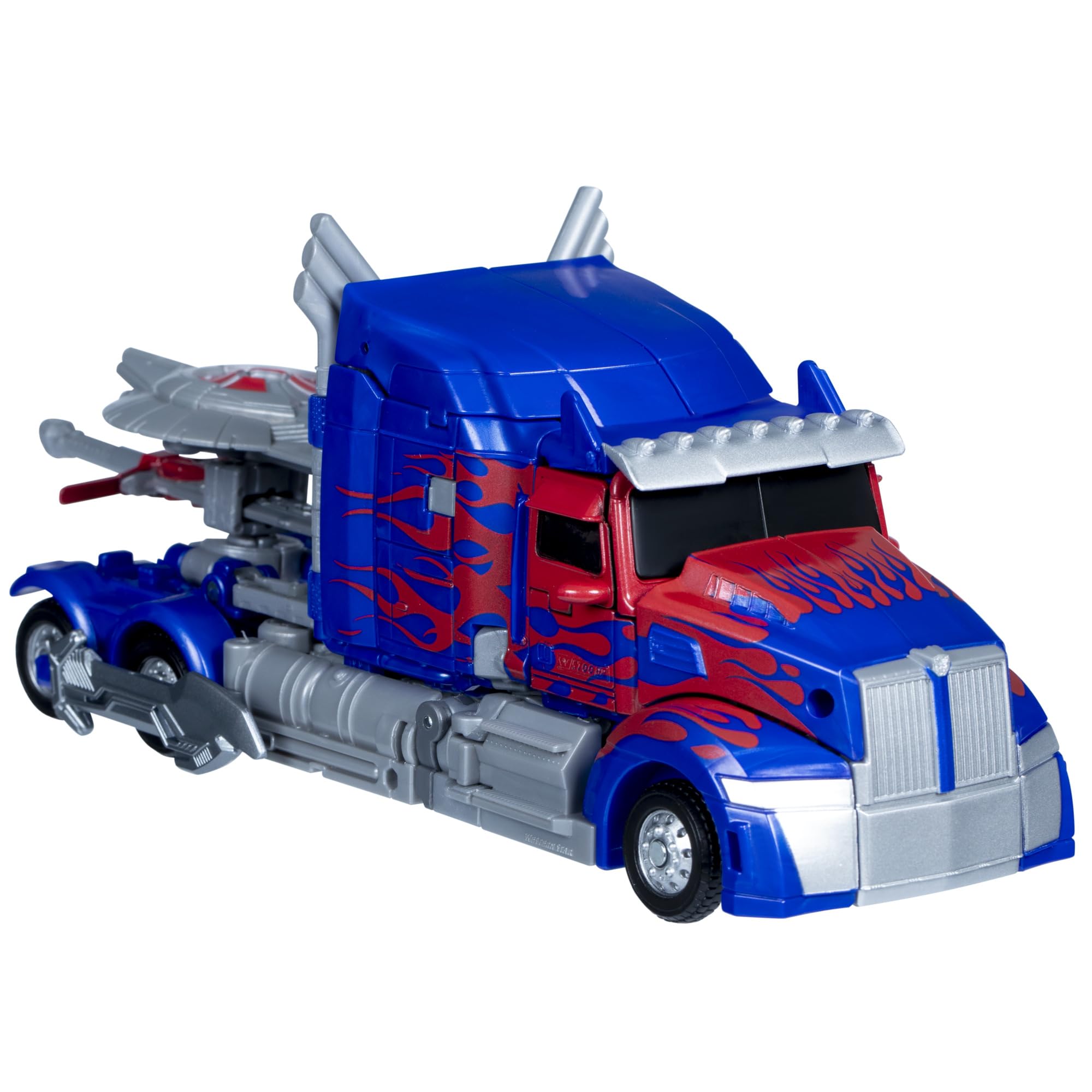 Transformers Studio Series Optimus Prime truck mode with movie-inspired detailing for display.