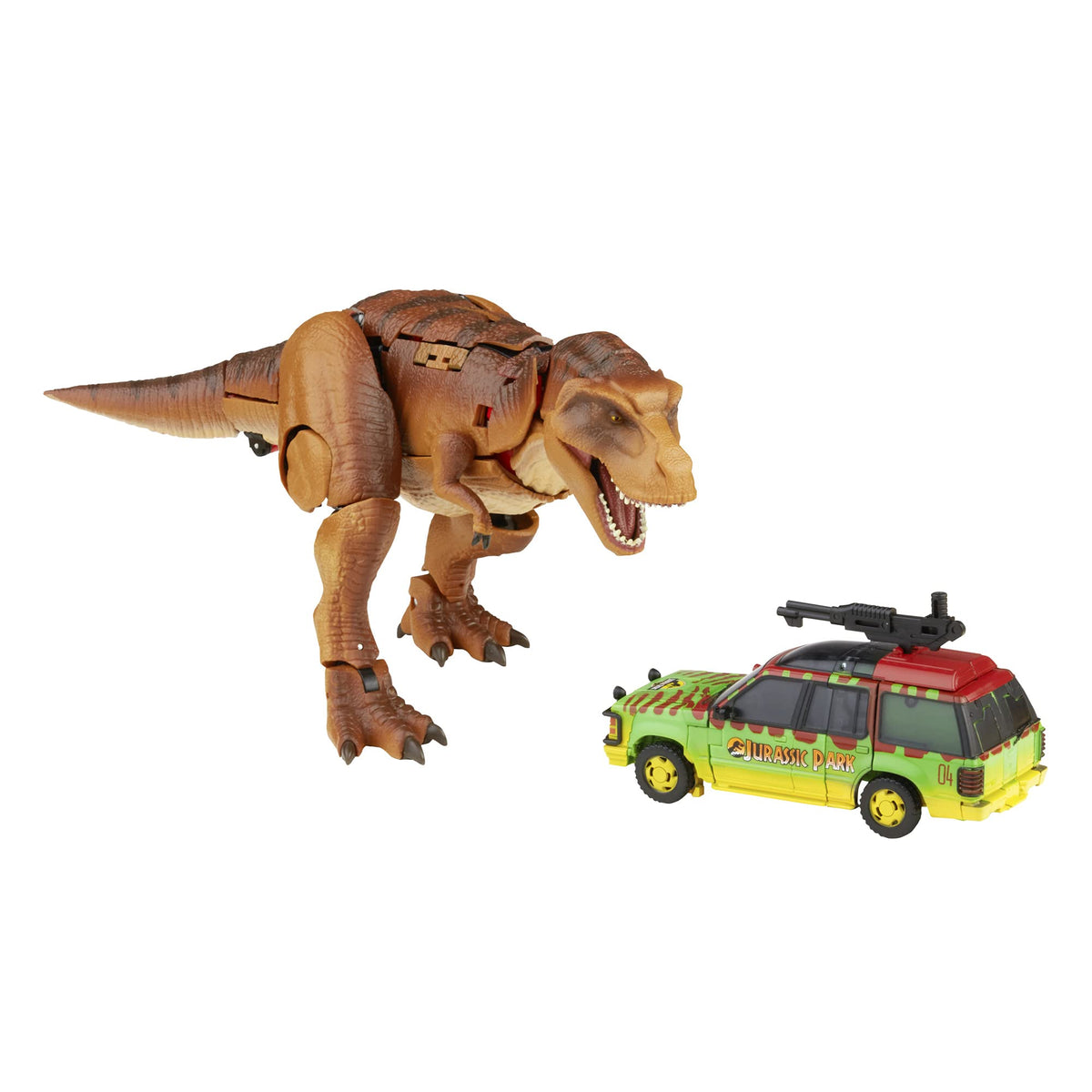 Transformers Tyrannocon Rex in dino mode with Jurassic Park-inspired deco for display.