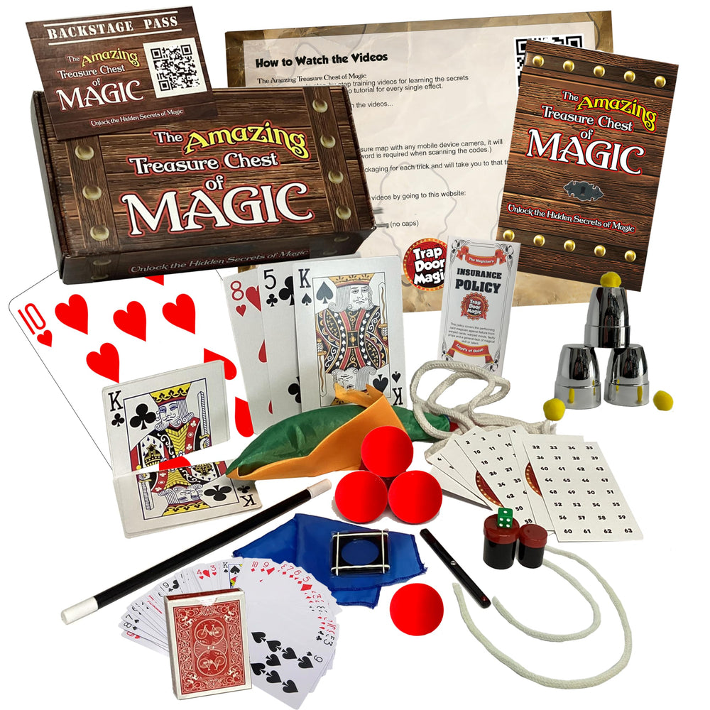 Trap Door Magic treasure chest cover opens to reveal ready-to-learn magic props