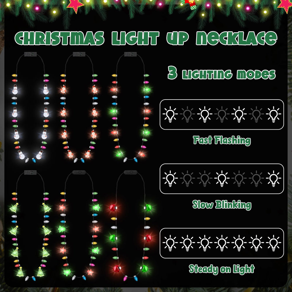 Traplace glow necklaces in six styles with snowman and bell designs for celebrations.