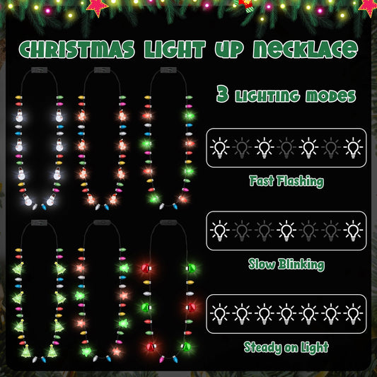 Traplace glow necklaces in six styles with snowman and bell designs for celebrations.