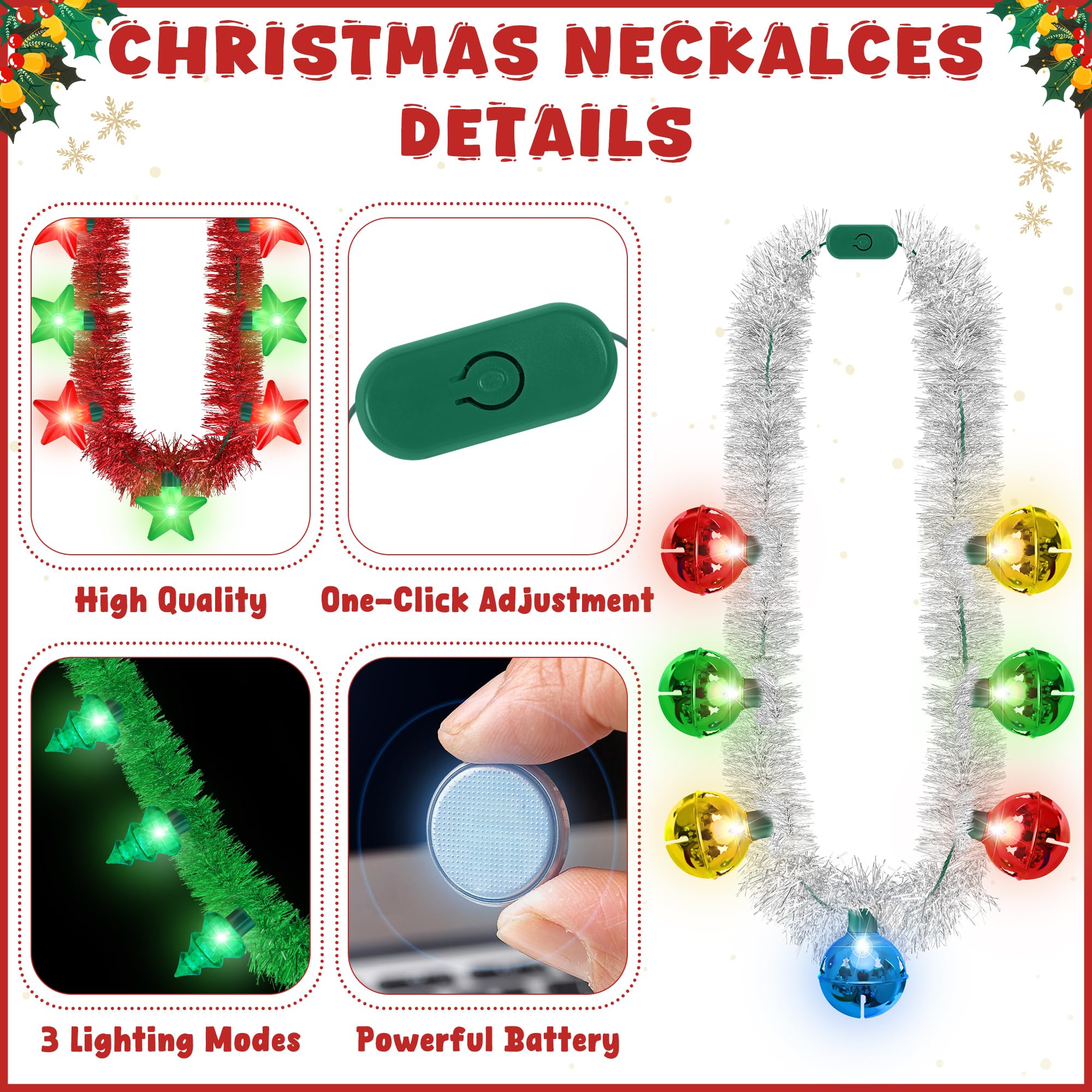 Traplace red Christmas lights necklace close-up, bold color for outfits.