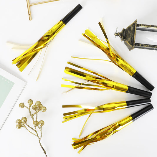 Traplace metallic fringe horn 10-inch gold adds sparkling flair to celebrations.