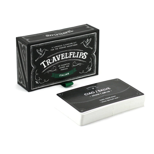 Travelflips Italian flashcards front of card with beginner phrases for travelers