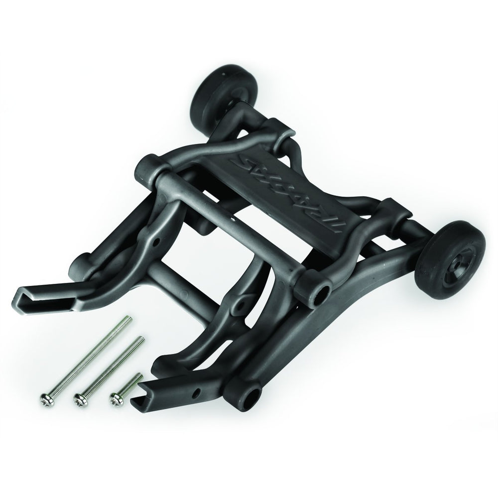Traxxas 3678 wheelie bar installed on a vehicle, quick bolt-on upgrade for compatible Traxxas RTRs.