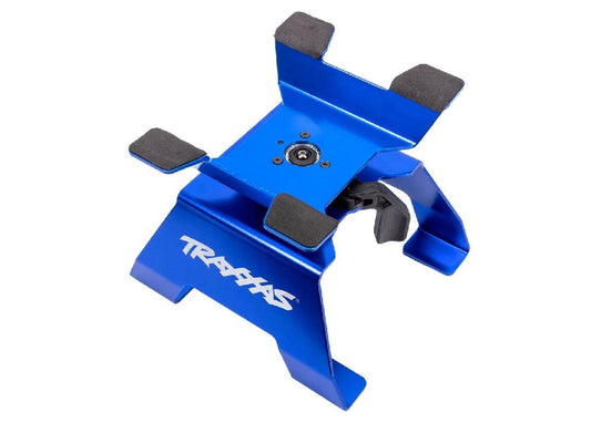 Traxxas 8796 blue RC stand side view highlights 16-position lock and stability.