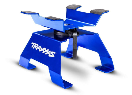 Traxxas 8796 blue RC stand top view shows sturdy aluminum build for reliable maintenance.