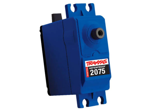 Traxxas E-MAXX 2075 servo in blue waterproof case for rugged RC performance.