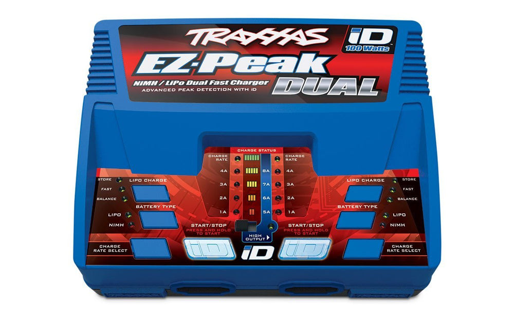 Traxxas EZ-Peak Dual front view showing compact charger and dual ports for efficient charging