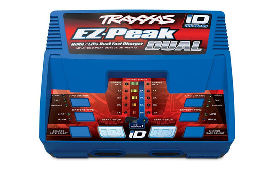 Traxxas EZ-Peak Dual front view showing compact charger and dual ports for efficient charging