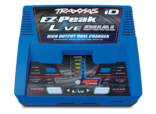 Traxxas EZ Peak Live Dual 200W charger front view for quick multi-battery charging.