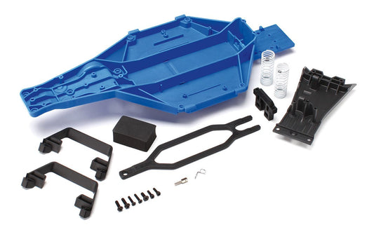 Traxxas Low CG chassis for 2WD Slash in blue improves stability and cornering.