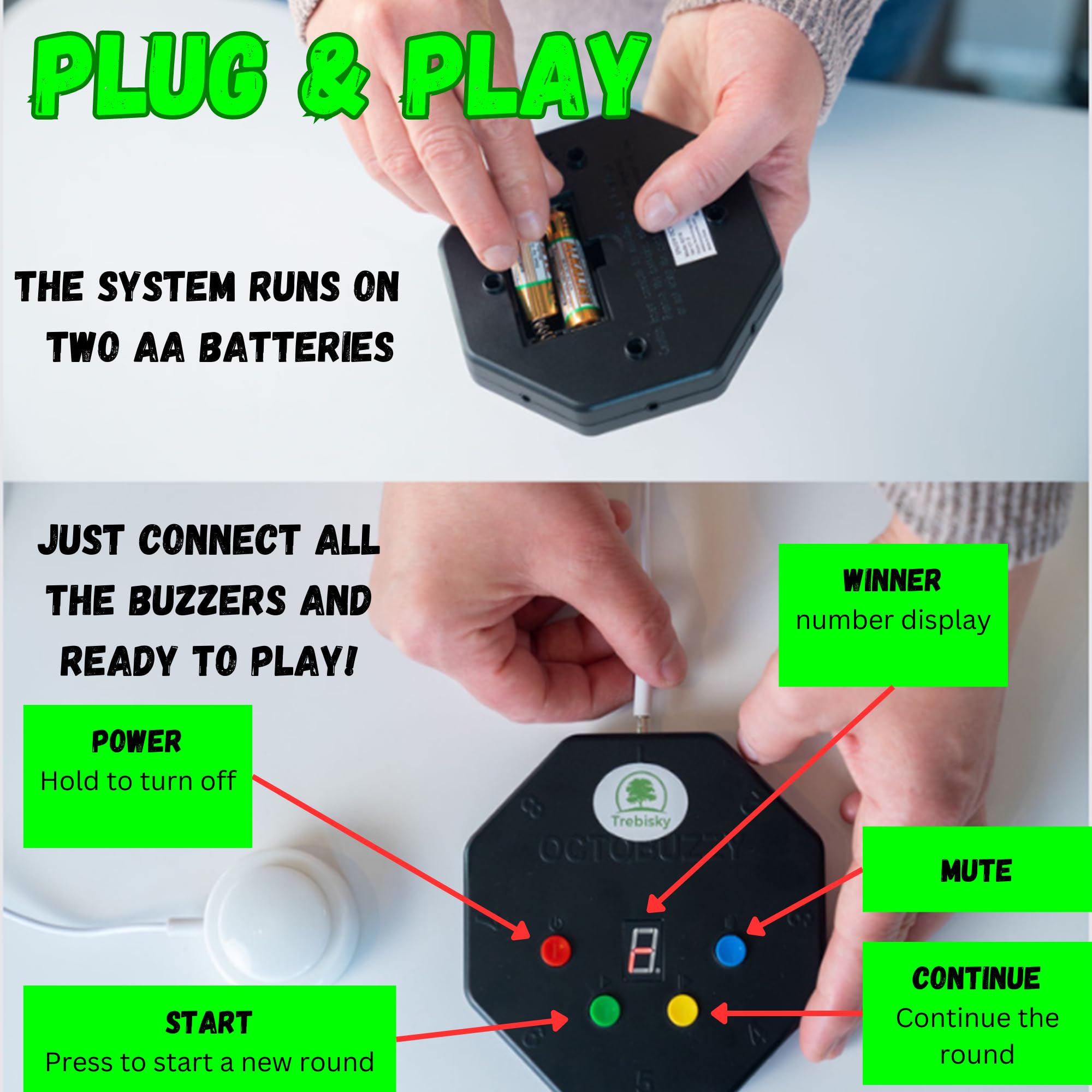 Trebisky buzzer winner indicator announces first buzz-in with sound and lights.