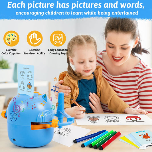 TreeFIA drawing robot blue side view highlights durable, kid-safe design