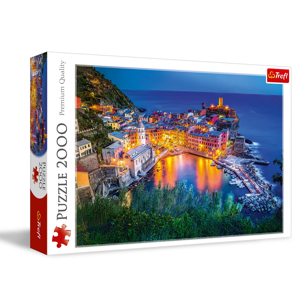 Trefl Vernazza at Dusk puzzle shows a town view at sunset, ideal family challenge.