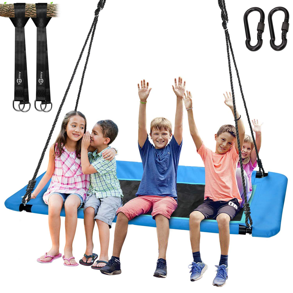 Trekassy 60 inch rectangle tree swing blue platform shows spacious surface for family fun