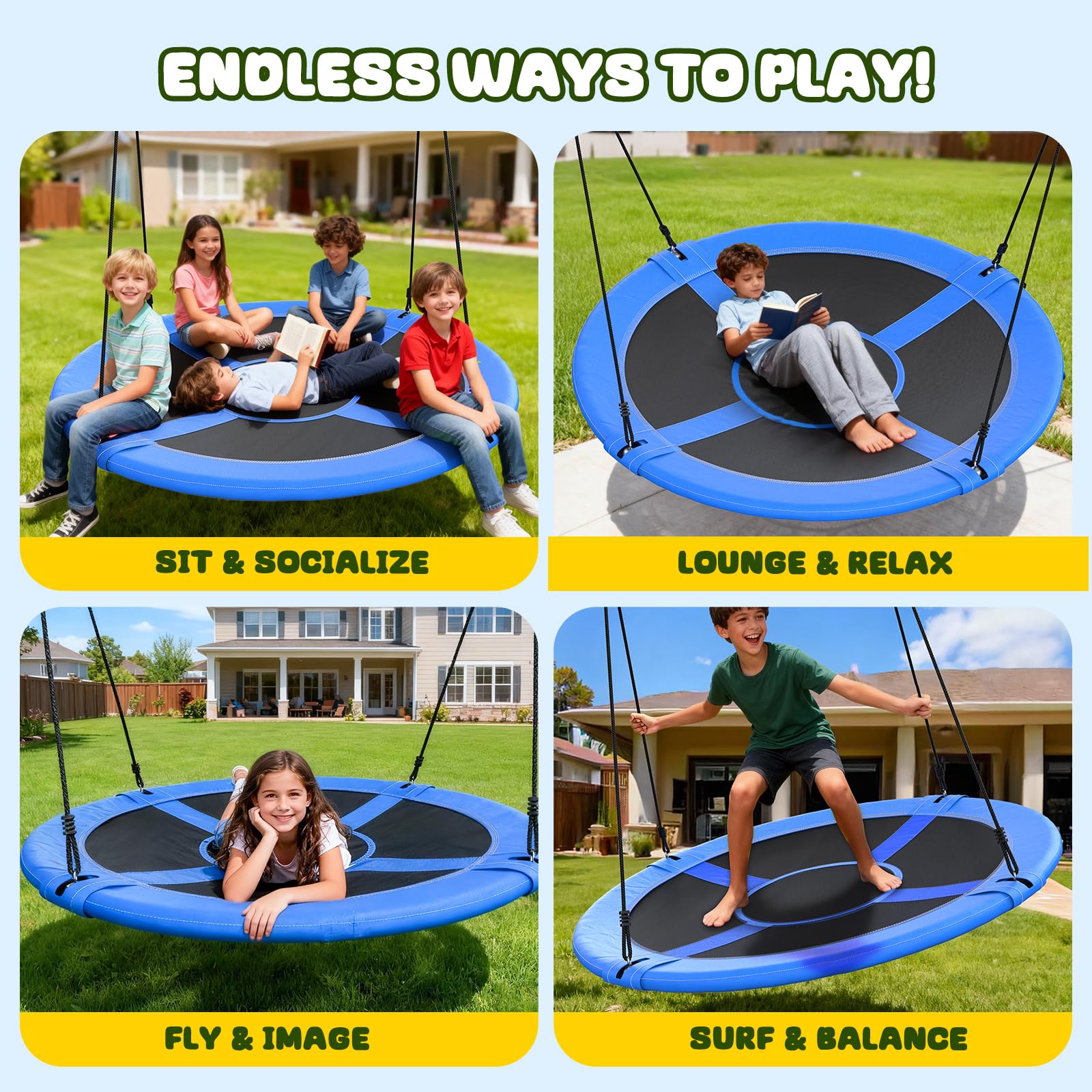 Trekassy 900D Oxford waterproof fabric resists wear while kids and adults swing.
