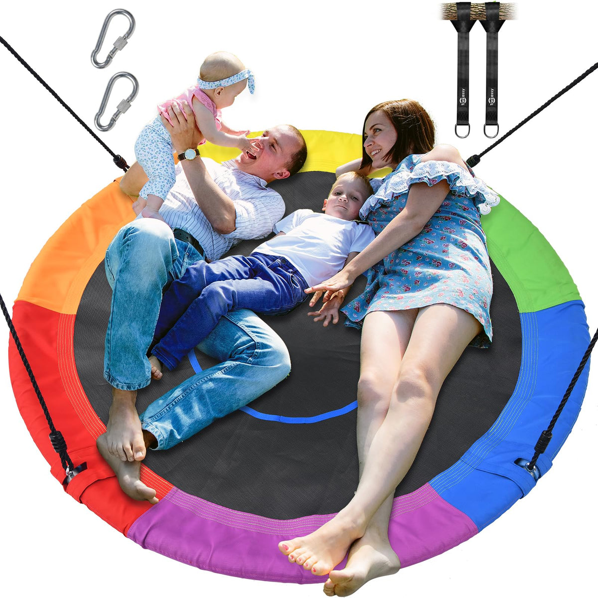 Trekassy 60-inch rainbow saucer swing outdoors for family fun.