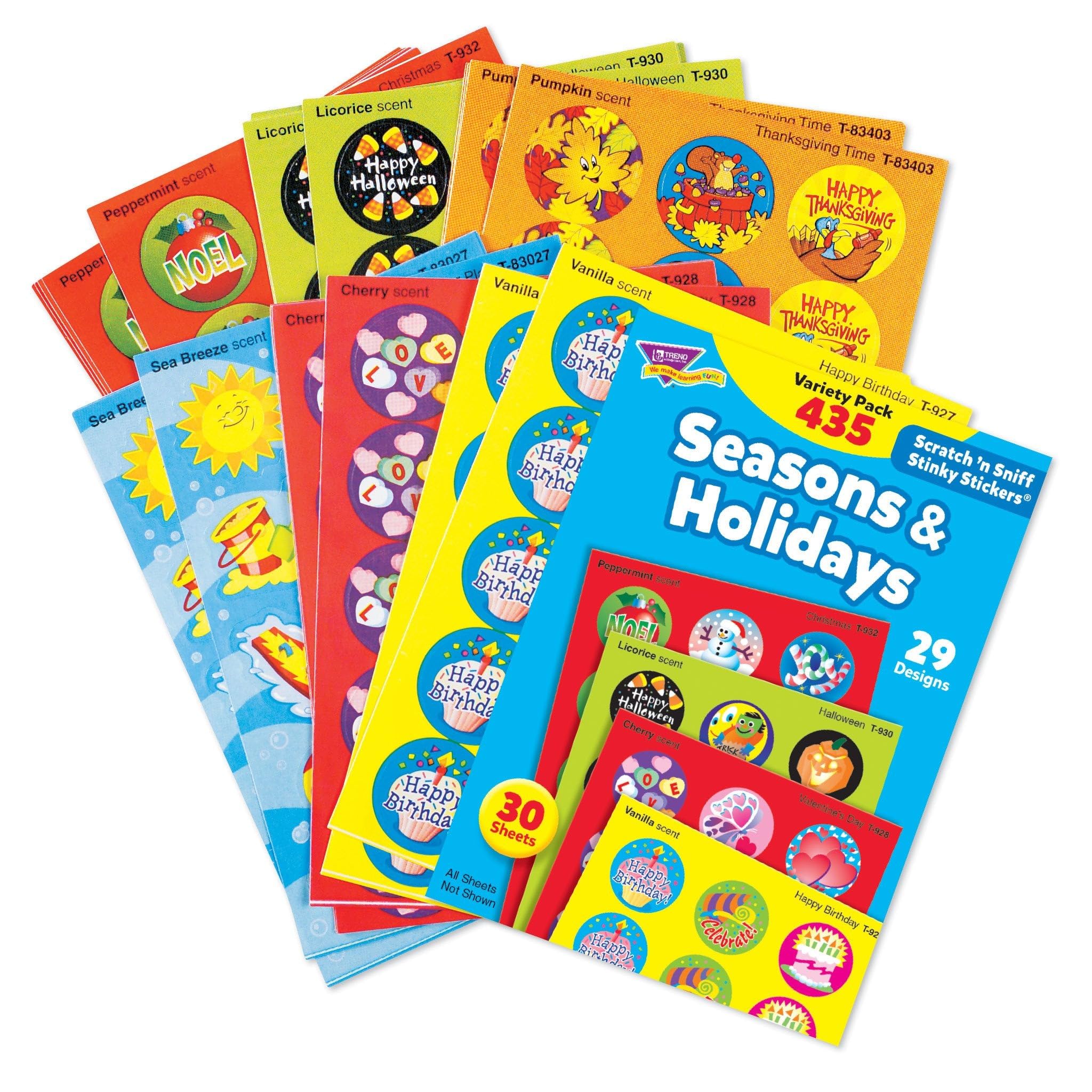 Trend Enterprises seasonal Stinky Stickers collection with scented designs for crafts and incentives.